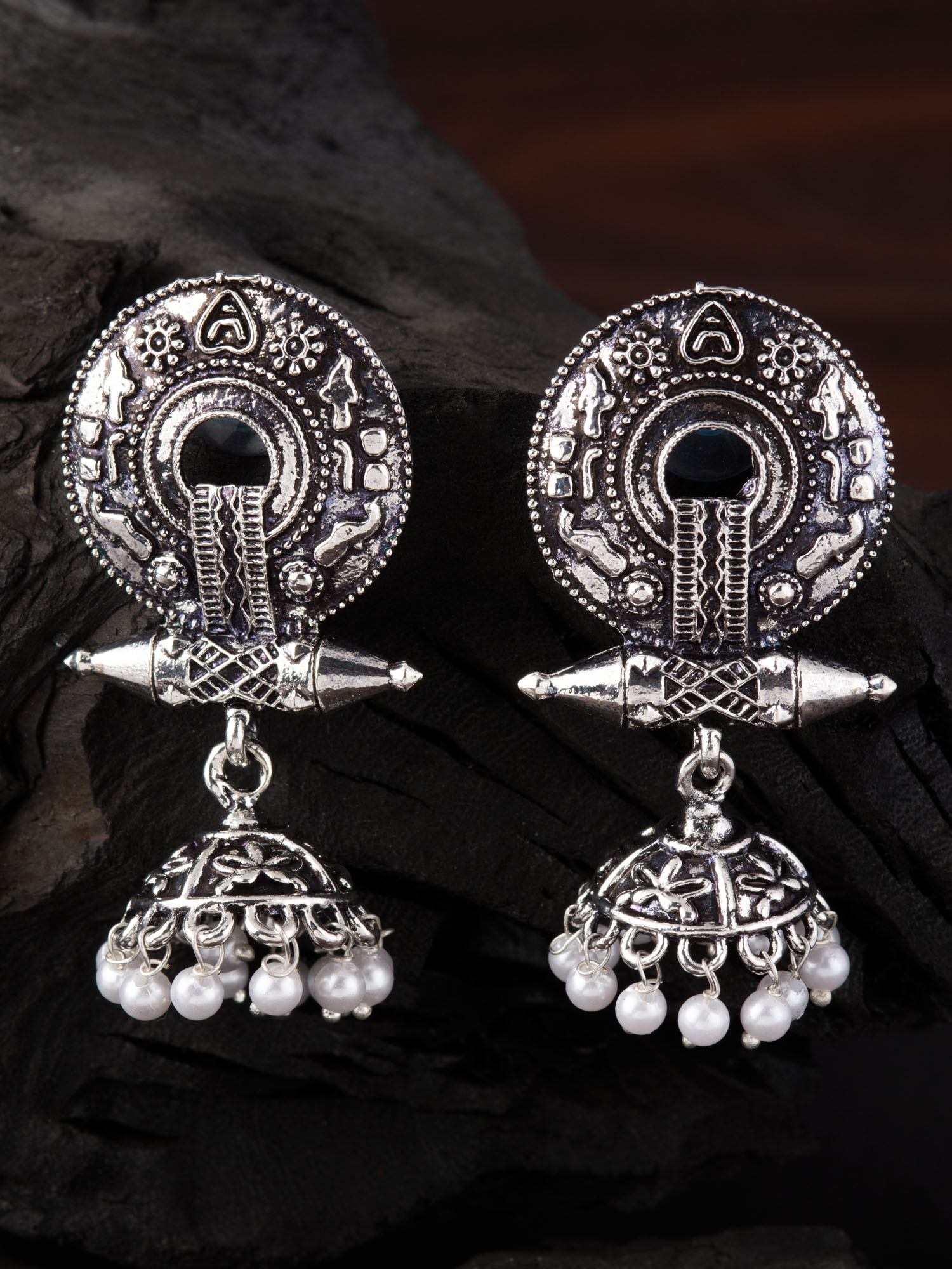 Buy OOMPH Oxidised Silver Jhumka Earrings-Silver Look Alike-Mirror, Stones  Online